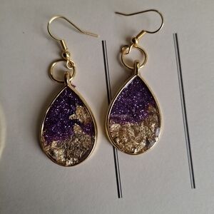 Gold Teardrop Earrings with Purple Glitter and Gold Leaf - Women Jewelry